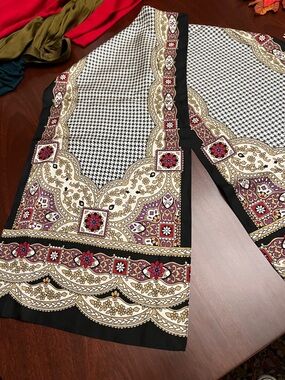 Elegant Silk Printed Scarf with Ornate Border - Black, White, Gold, Burgundy, Pu